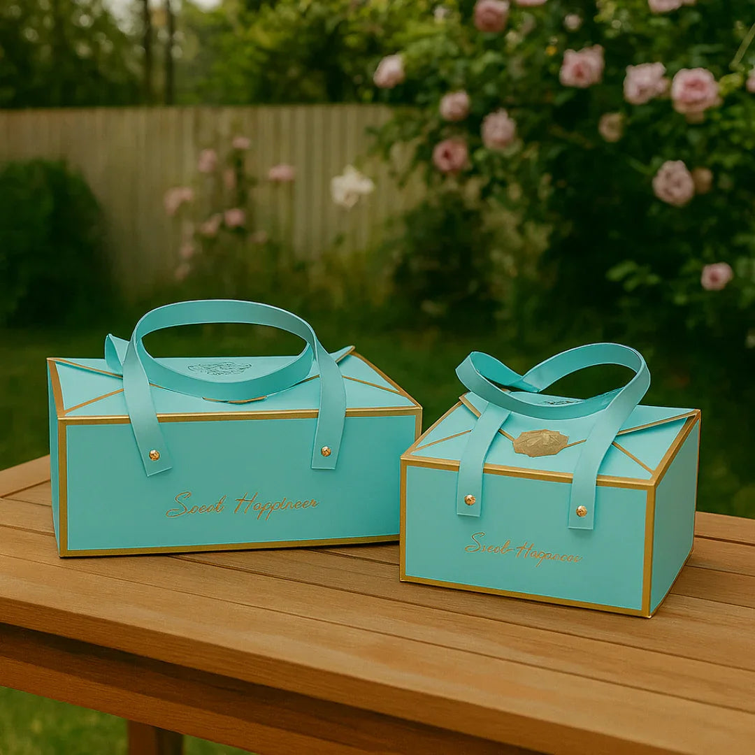 Pastel Blue Foldable Gift Box with Leather Handles | Pack of 10