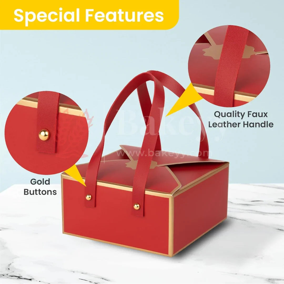 Luxury Red Foldable Gift Box with Leather Handles | Pack of 10