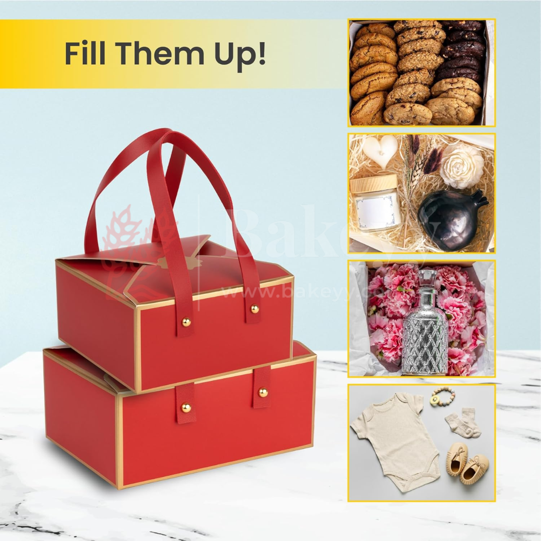 Luxury Red Foldable Gift Box with Leather Handles | Pack of 10