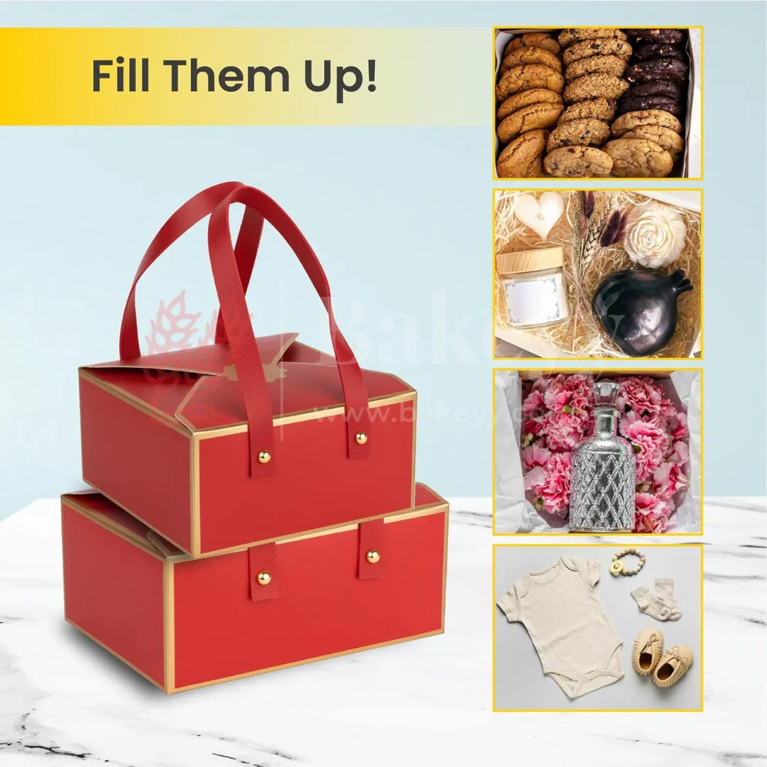 Luxury Red Foldable Gift Box with Leather Handles | Pack of 10