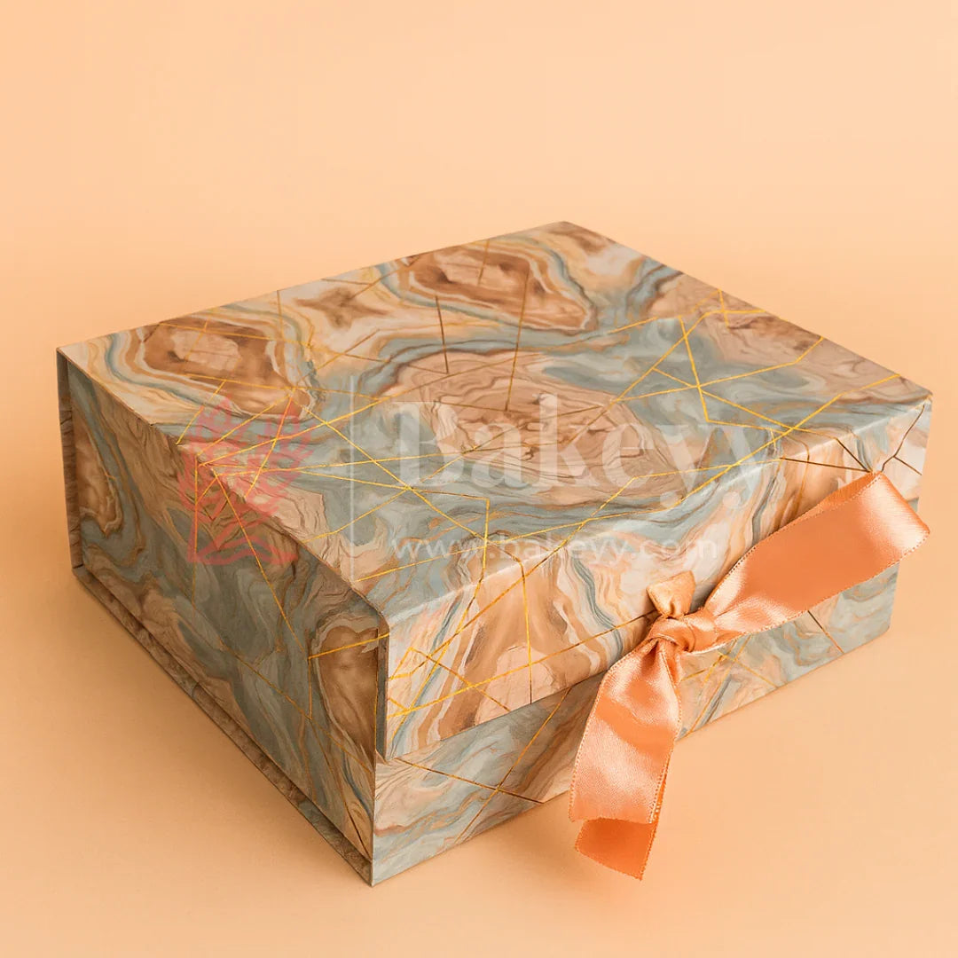 10x8x4 Inch | Peach & Aqua Marble Print Collapsible Gift Box with Ribbon | Pack of 1