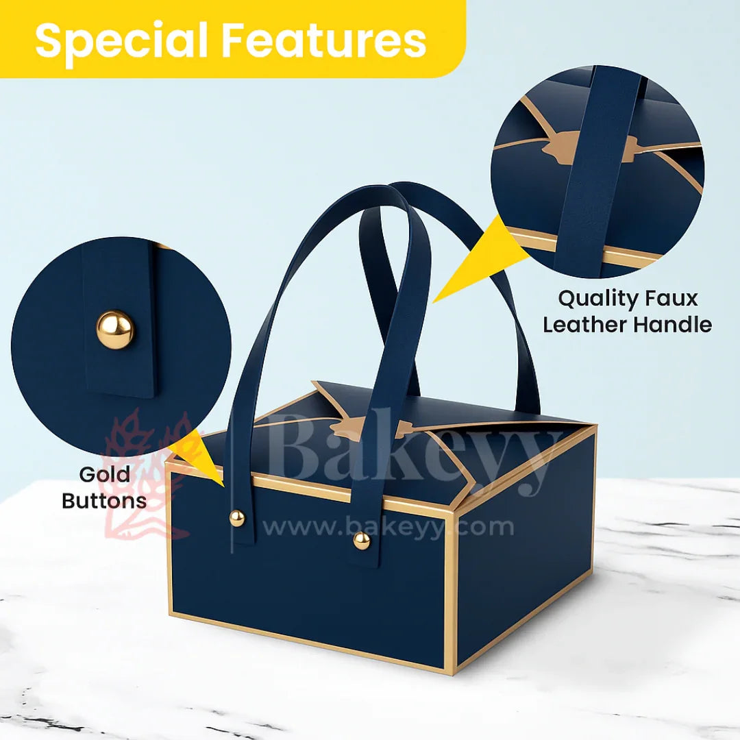 Luxury Navy Blue Foldable Gift Box with Leather Handles | Pack of 10