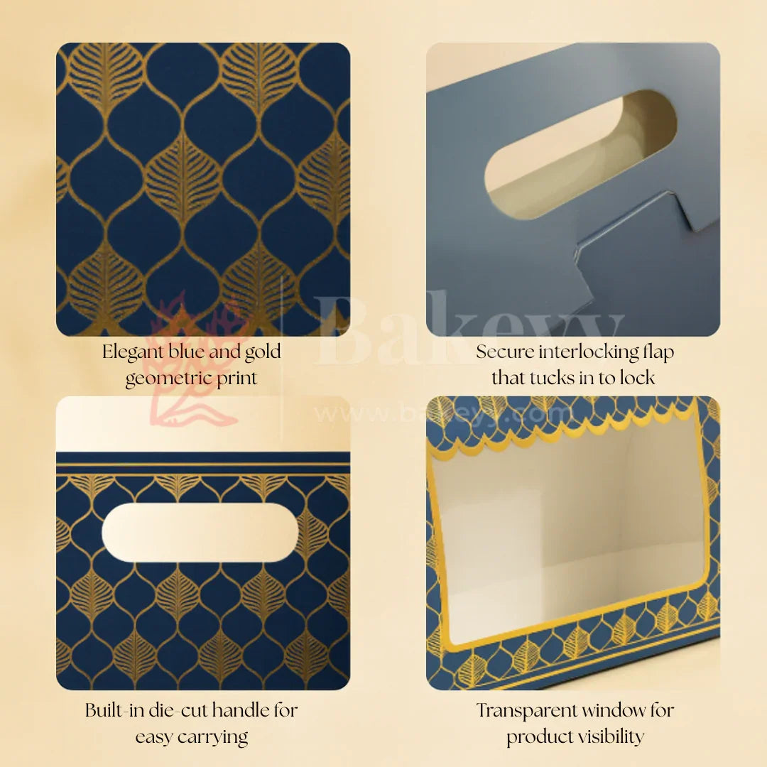 10x4x8 Inch | Royal Blue & Gold Window Gift Box with Handle | Luxury Festive Hamper Packaging | Pack of 10 - Bakeyy.com - India - 10x4x8 Inch | Royal Blue & Gold Window Gift Box with Handle | Luxury Festive Hamper Packaging | Pack of 10 - Default Title