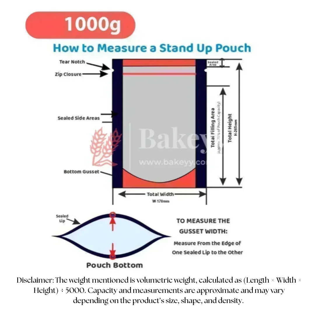 1Kg | 26x18Cm | Zip Lock Pouch | Gold Pouch With Full Window | Standing Pouch | Pack of 100 - Bakeyy.com - India - 1Kg | 26x18Cm | Zip Lock Pouch | Gold Pouch With Full Window | Standing Pouch | Pack of 100 - 26x18cm