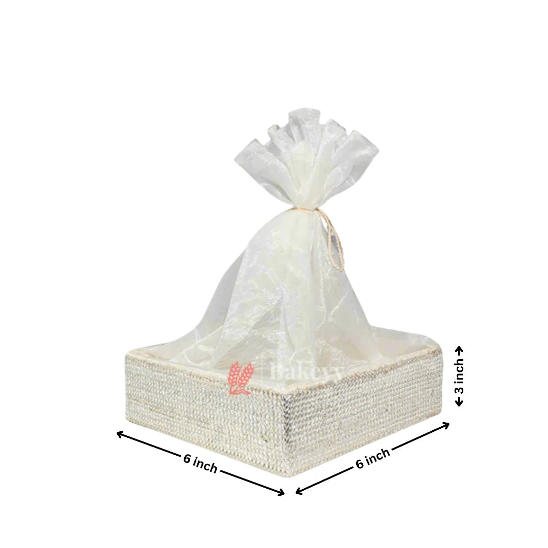 Silver Crystal Mesh Gifting Tray with Ivory Net Cover and Tassel Accents | Luxury Hamper for Special Occasions