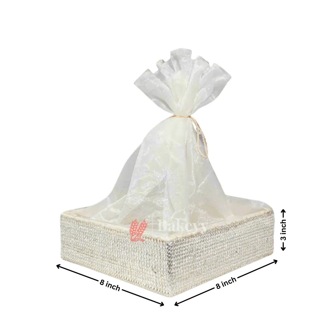 Silver Crystal Mesh Gifting Tray with Ivory Net Cover and Tassel Accents | Luxury Hamper for Special Occasions - Bakeyy.com - India - Silver Crystal Mesh Gifting Tray with Ivory Net Cover and Tassel Accents | Luxury Hamper for Special Occasions - Medium