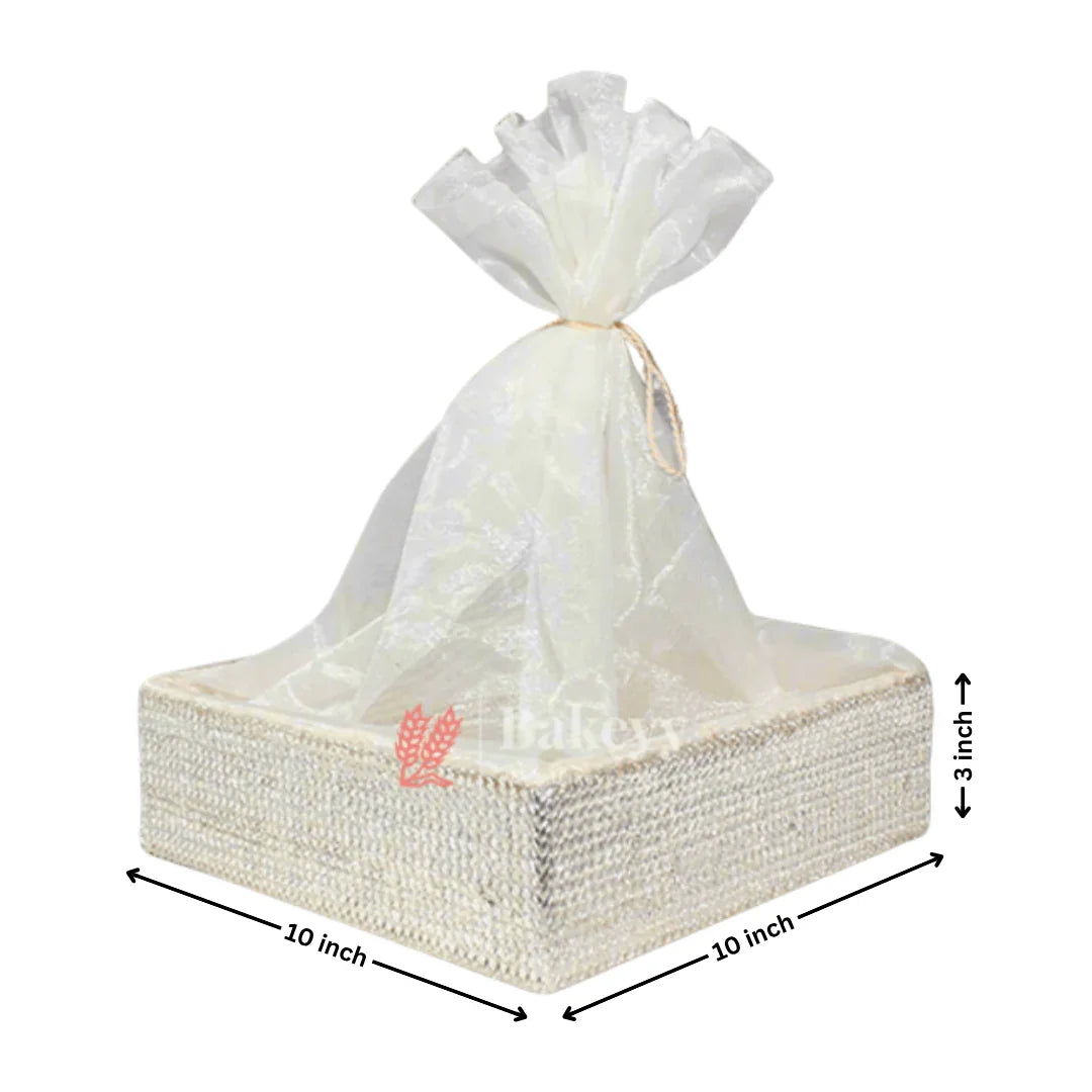 Silver Crystal Mesh Gifting Tray with Ivory Net Cover and Tassel Accents | Luxury Hamper for Special Occasions