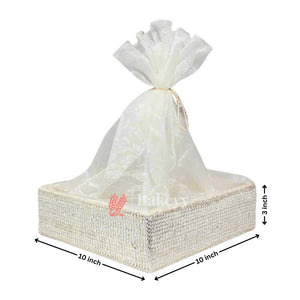 Silver Crystal Mesh Gifting Tray with Ivory Net Cover and Tassel Accents | Luxury Hamper for Special Occasions - Bakeyy.com - India - Silver Crystal Mesh Gifting Tray with Ivory Net Cover and Tassel Accents | Luxury Hamper for Special Occasions - Large