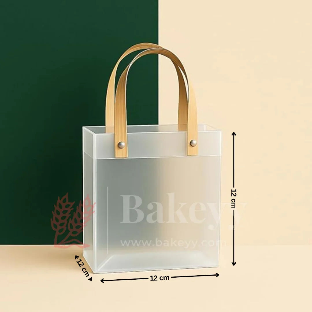 Square Frosted Matte Gift Bag with Wood-Textured Handles | Translucent PVC Party Favor & Retail Packaging | Pack Of 12 - Bakeyy.com - India - Square Frosted Matte Gift Bag with Wood-Textured Handles | Translucent PVC Party Favor & Retail Packaging | Pack Of 12 - 12x12x12 Cm