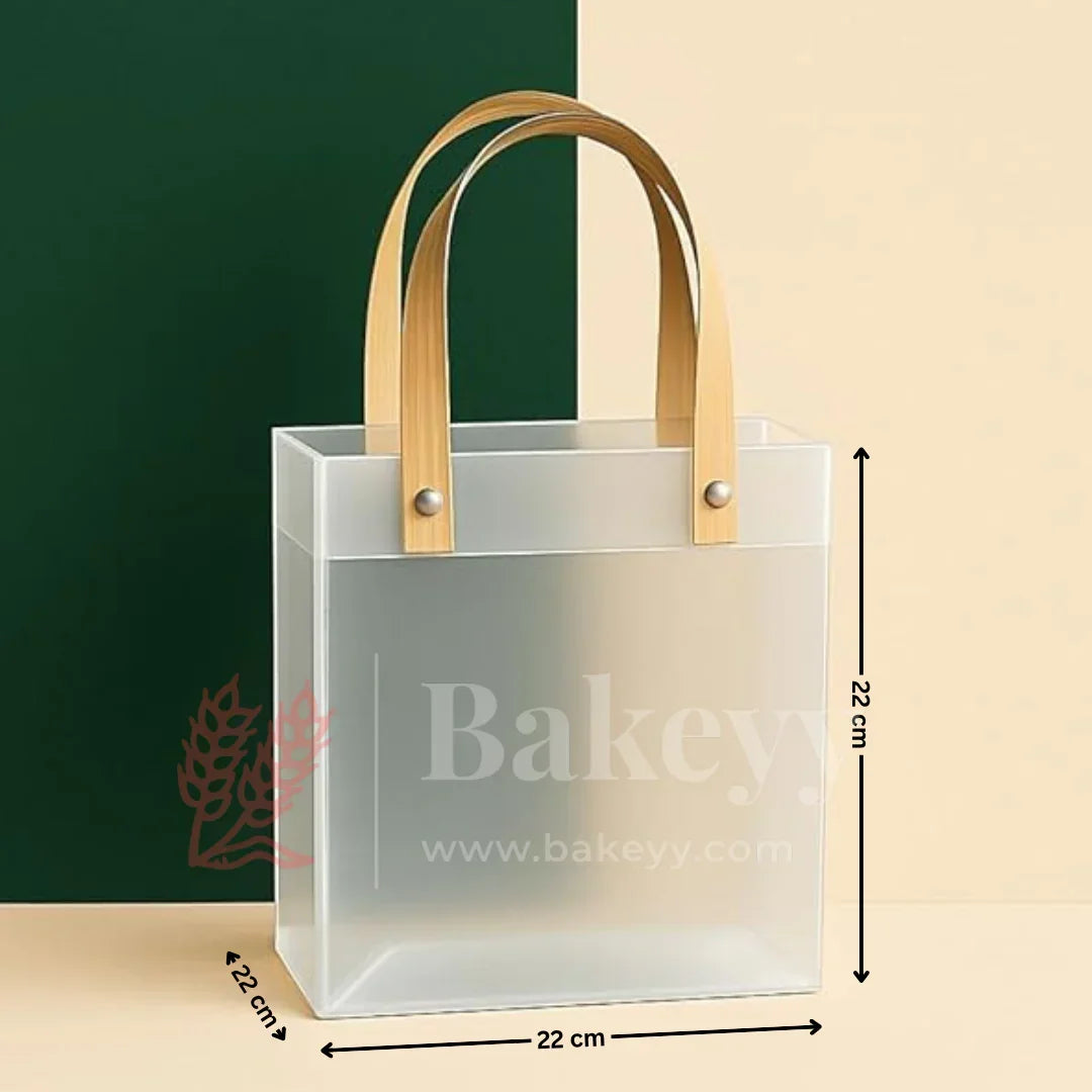 Square Frosted Matte Gift Bag with Wood-Textured Handles | Translucent PVC Party Favor & Retail Packaging | Pack Of 12 - Bakeyy.com - India - Square Frosted Matte Gift Bag with Wood-Textured Handles | Translucent PVC Party Favor & Retail Packaging | Pack Of 12 - 22x22x22 Cm