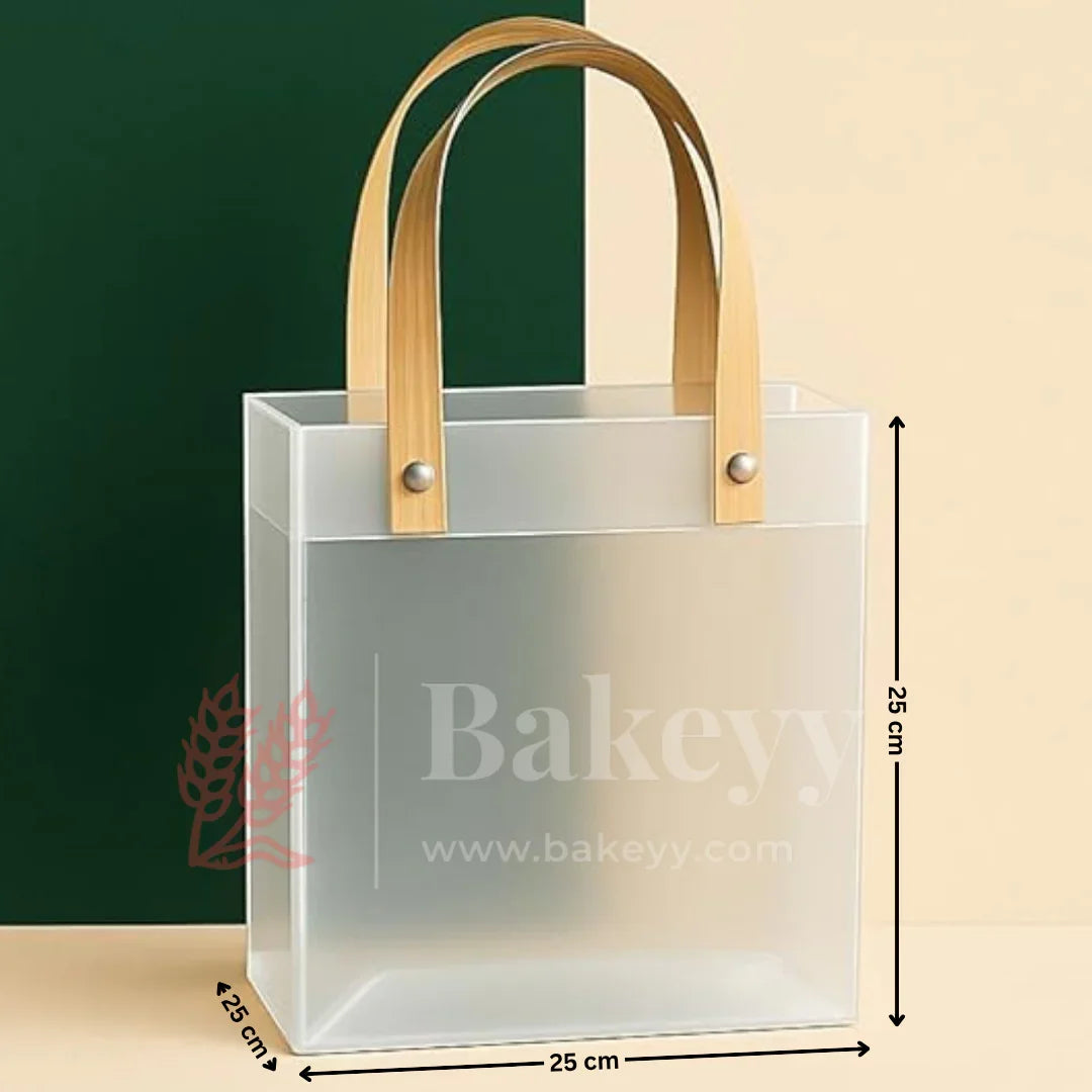 Square Frosted Matte Gift Bag with Wood-Textured Handles | Translucent PVC Party Favor & Retail Packaging | Pack Of 12