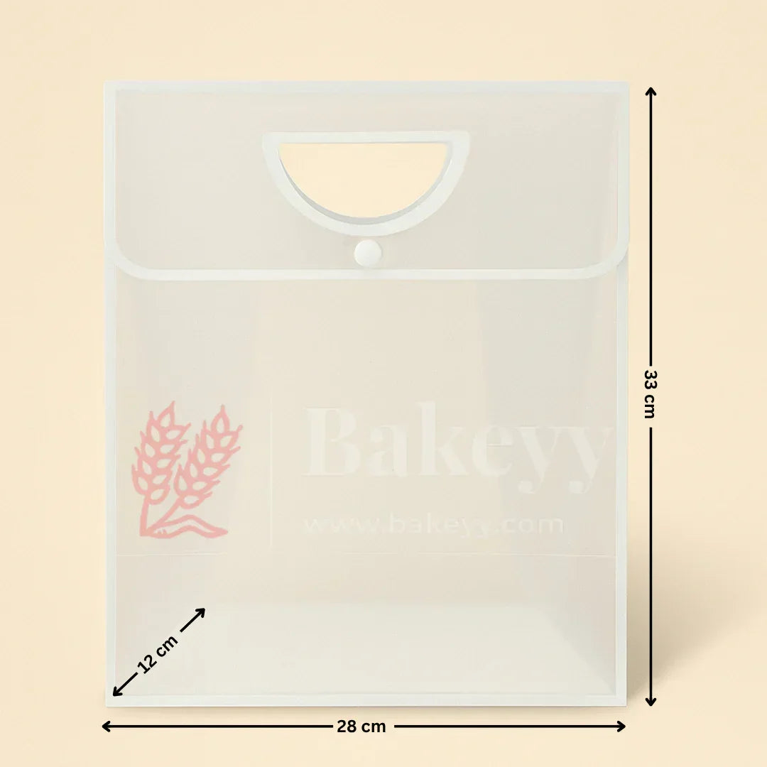 Transparent Gift Bag with Button Lock - White | Oval‑Cut Handle | Pack Of 12 - Bakeyy.com - India - Transparent Gift Bag with Button Lock - White | Oval‑Cut Handle | Pack Of 12 - 28x12x33 Cm