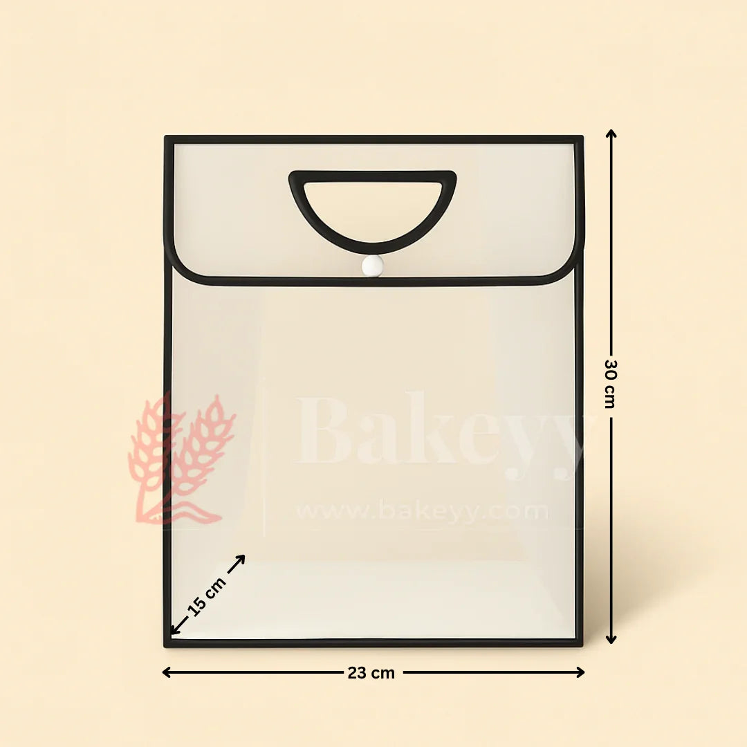 Transparent Gift Bag with Button Lock - Black | Oval‑Cut Handle | Pack Of 12