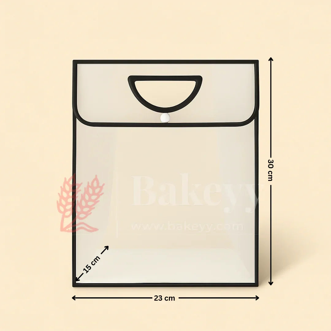 Transparent Gift Bag with Button Lock - Black | Oval‑Cut Handle | Pack Of 12 - Bakeyy.com - India - Transparent Gift Bag with Button Lock - Black | Oval‑Cut Handle | Pack Of 12 - 23x15x30 Cm