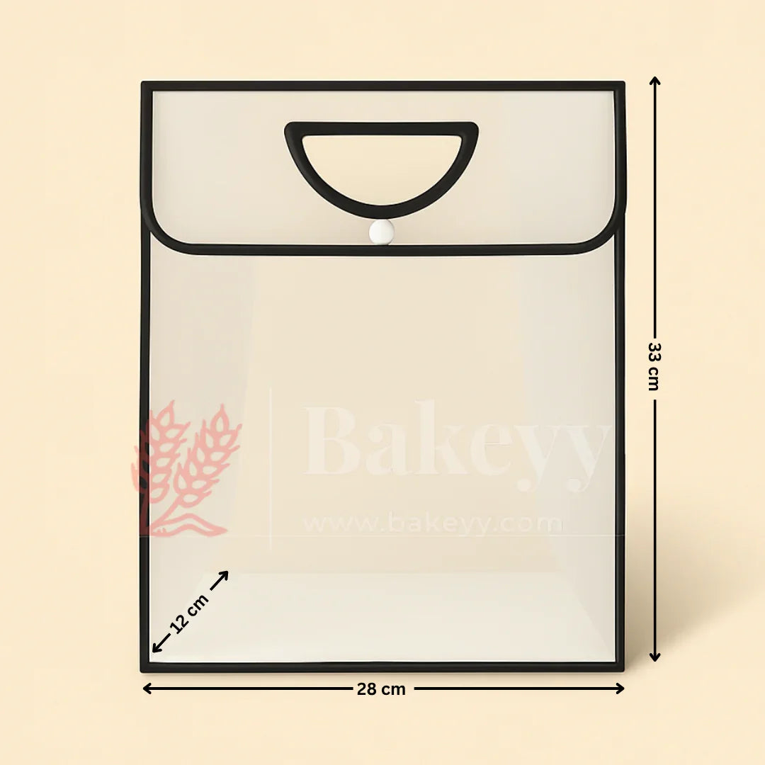 Transparent Gift Bag with Button Lock - Black | Oval‑Cut Handle | Pack Of 12