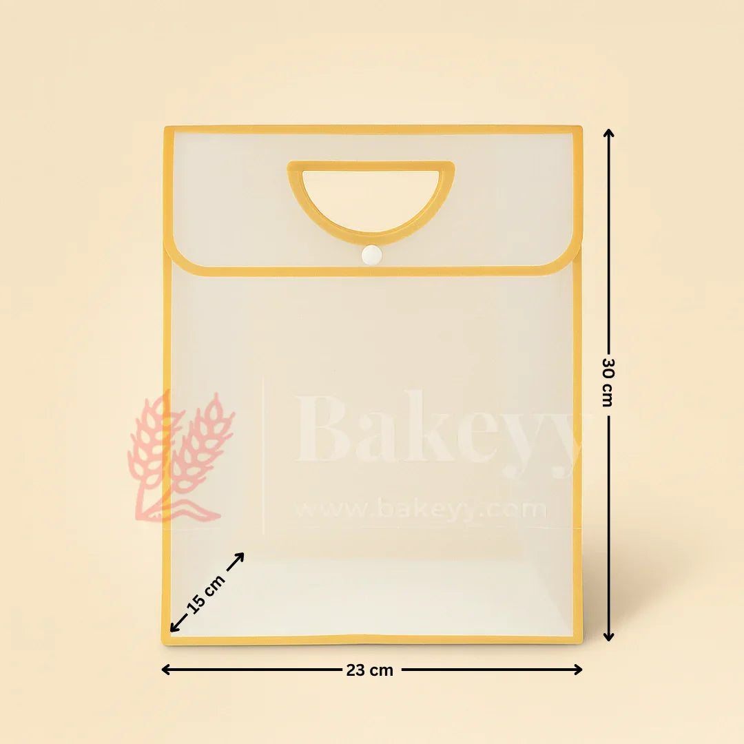 Transparent Gift Bag with Button Lock - Gold | Oval‑Cut Handle | Pack Of 12 - Bakeyy.com - India - Transparent Gift Bag with Button Lock - Gold | Oval‑Cut Handle | Pack Of 12 - 23x15x30 Cm
