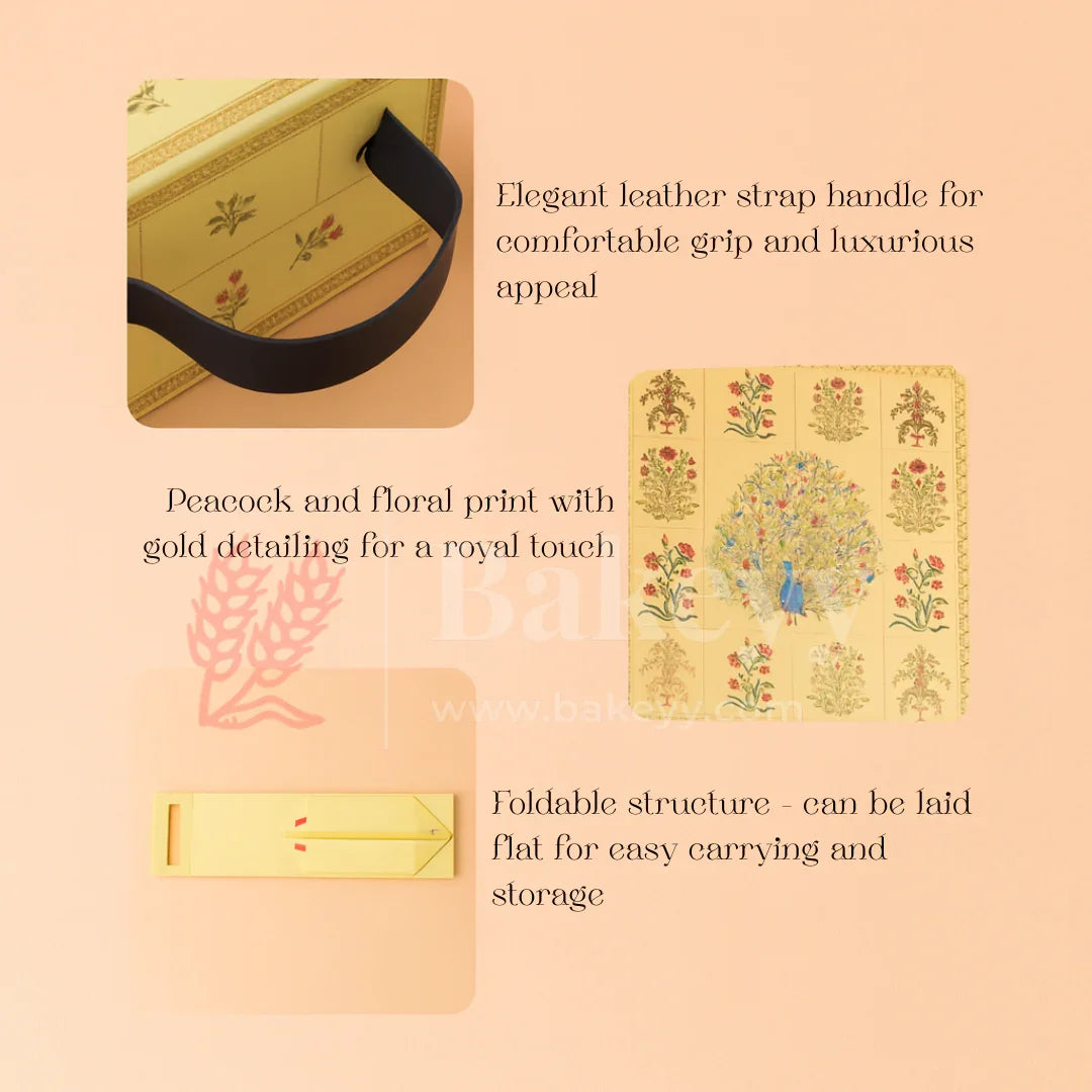 8x8x4 Inch | Yellow Peacock Design Hamper Box with Leather Handle | Pack of 1
