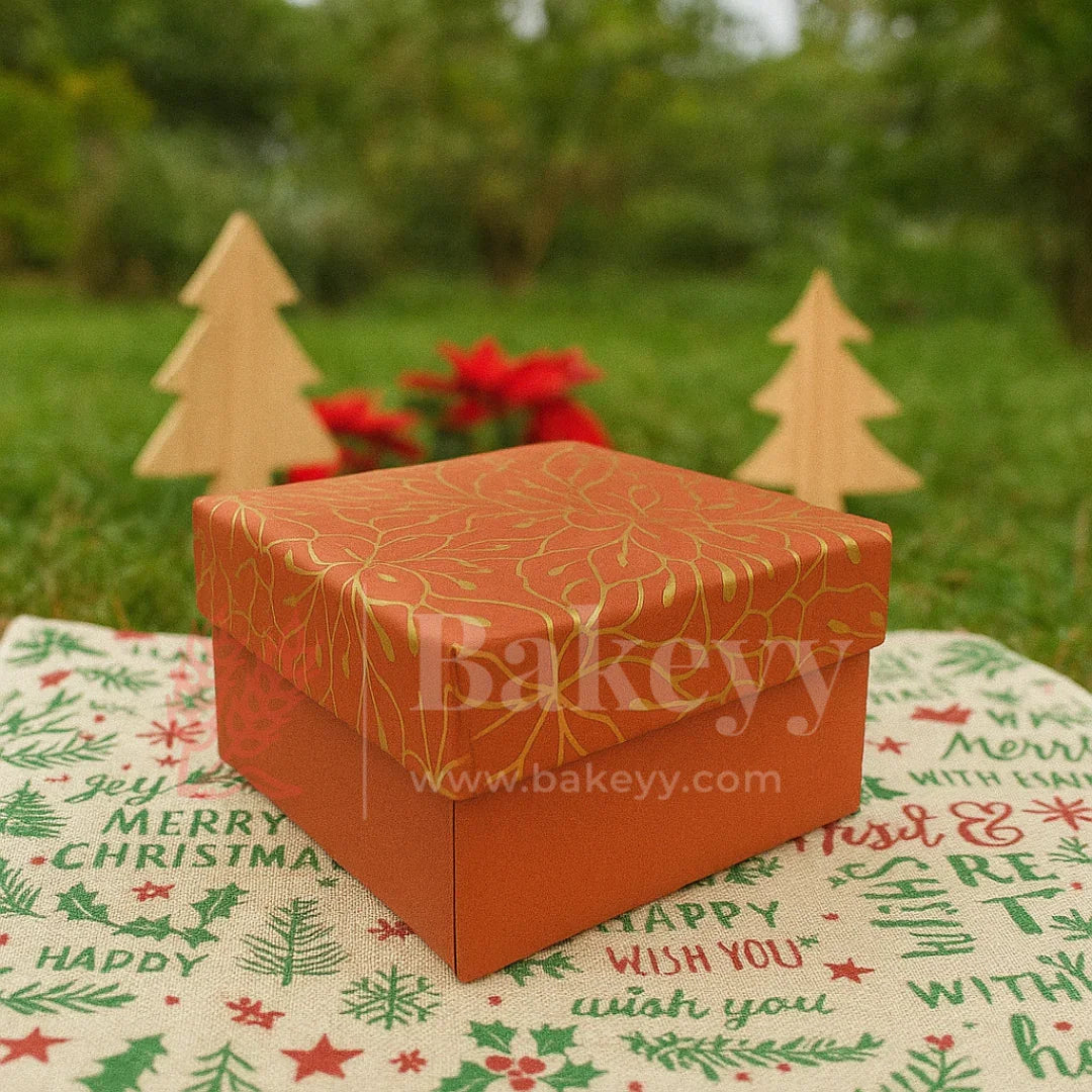 9x9x6 cm | Gold Printed Rigid Gift Box | Hamper Box | Pack of 1 - Bakeyy.com - India - 9x9x6 cm | Gold Printed Rigid Gift Box | Hamper Box | Pack of 1 - Brown