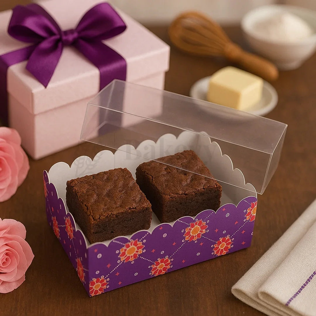 Purple Floral 2 Brownie Box With Transparent Lid | Pack of 50 - Bakeyy.com - India - Purple Floral 2 Brownie Box With Transparent Lid | Pack of 50 - Default Title