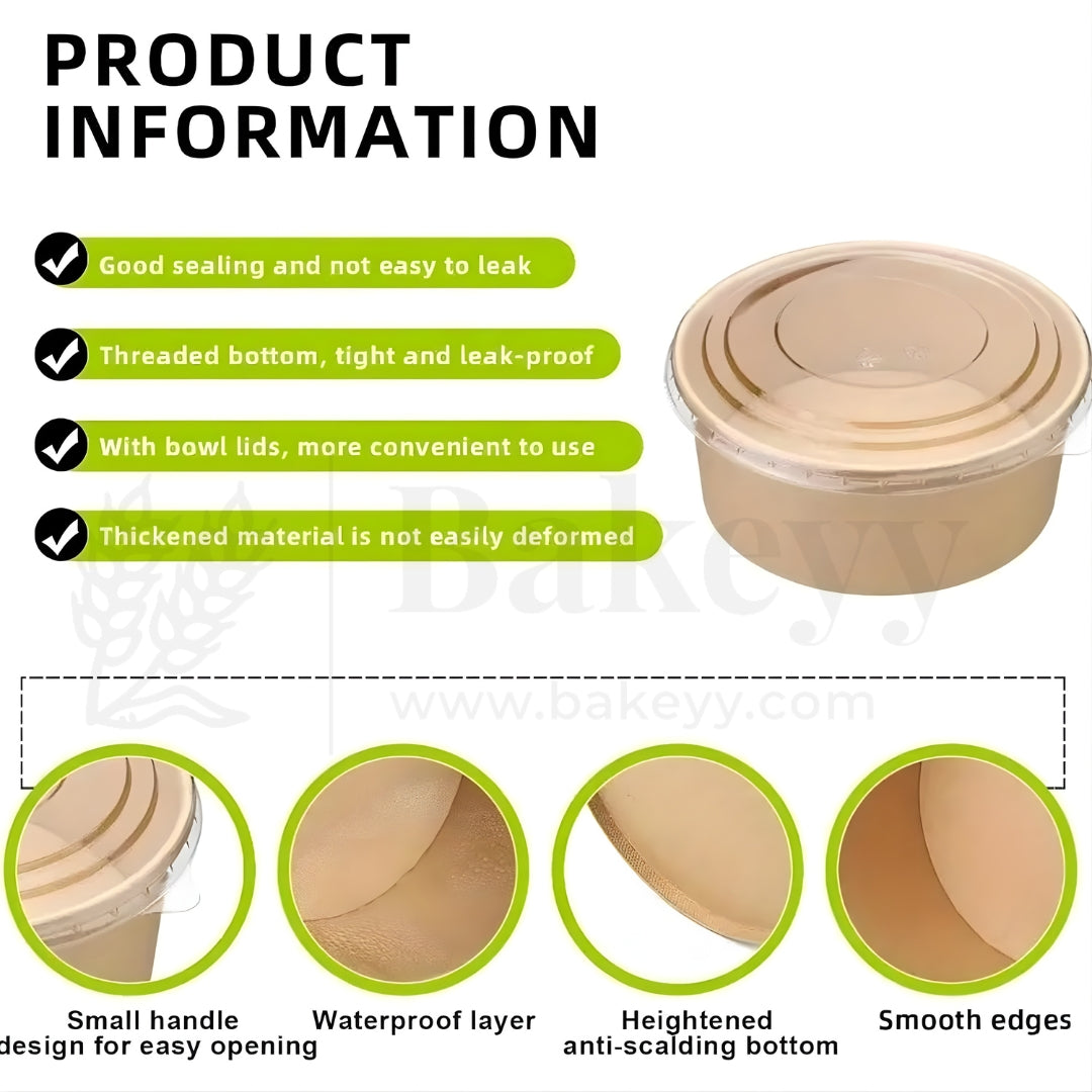 Disposable Round Kraft Containers for Food With Lid | Pack of 50 | Useful for Salads and Meal Takeaway Box