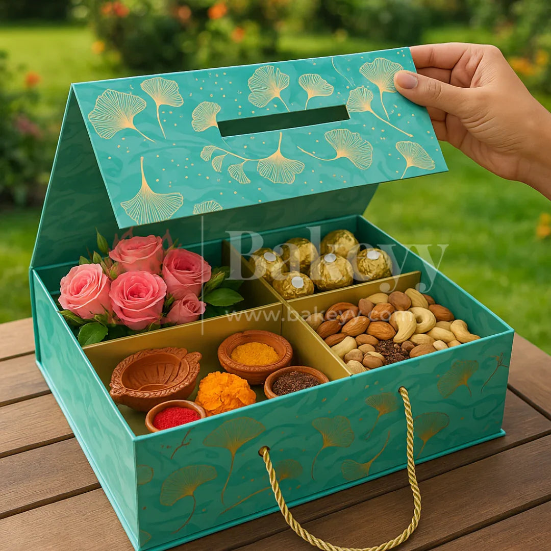 10x10x4 Inch | Aqua Blue Floral Print Collapsible Hamper Box with Rope Handle & 4 Cavities | Pack of 1