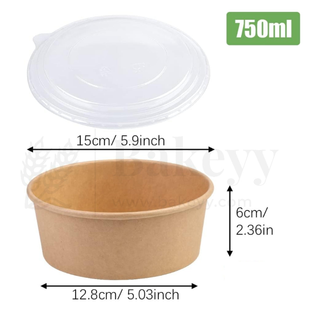 Disposable Round Kraft Containers for Food With Lid | Pack of 50 | Useful for Salads and Meal Takeaway Box