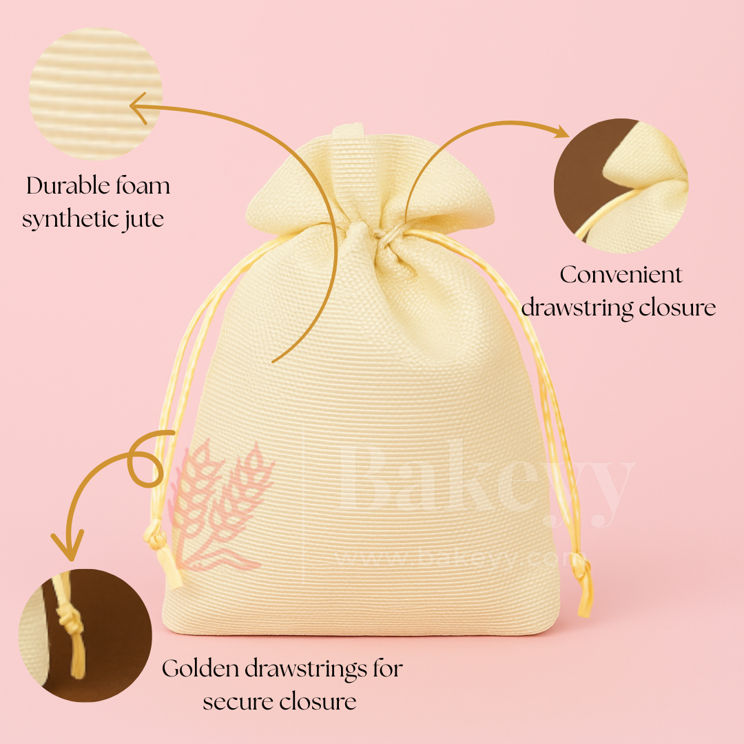 Foam Synthetic Jute Drawstring Gift Pouch with Golden Strings