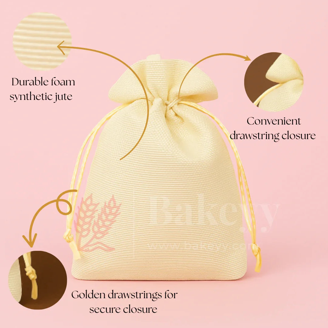 Foam Synthetic Jute Drawstring Gift Pouch with Golden Strings