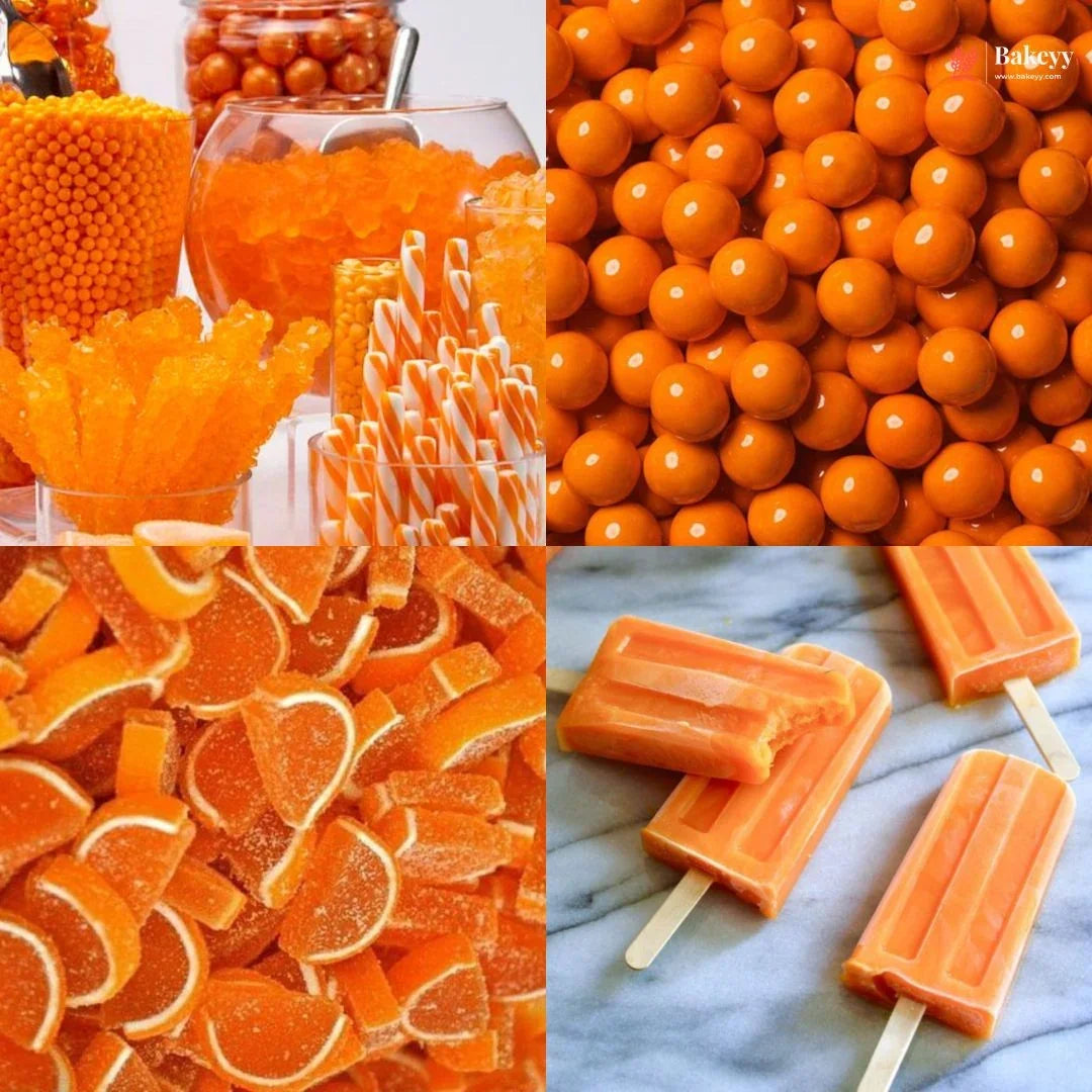 Collage of various orange candies and treats including gummy bears, lollipops, and popsicles.