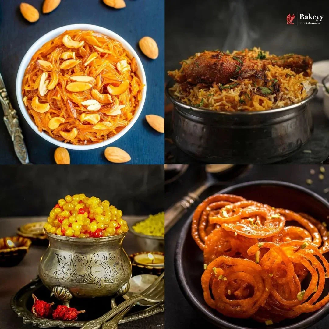 Collage of four images featuring Indian desserts and dishes.