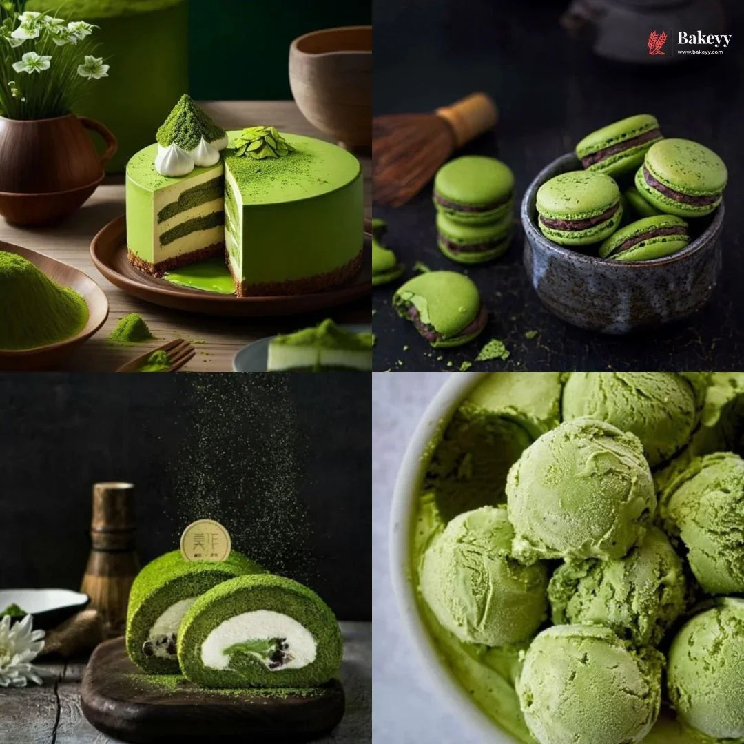 Collage of green-themed desserts including a cake, macarons, roll cake, and ice cream.