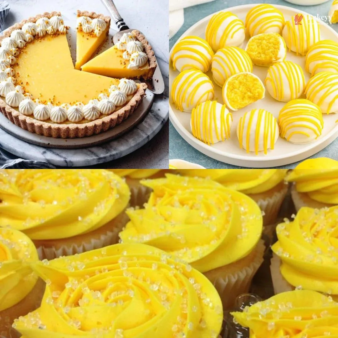 Collage of yellow desserts including a pie, cookies, and cupcakes.