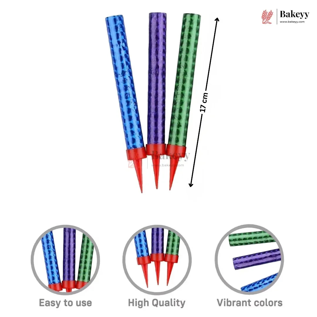 Three colorful cake decorating tips with measurements and quality indicators on a white background.