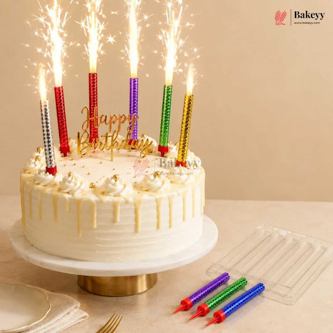 Birthday cake with lit candles and 'Happy Birthday' topper on a beige background, featuring the Bakeyy brand.