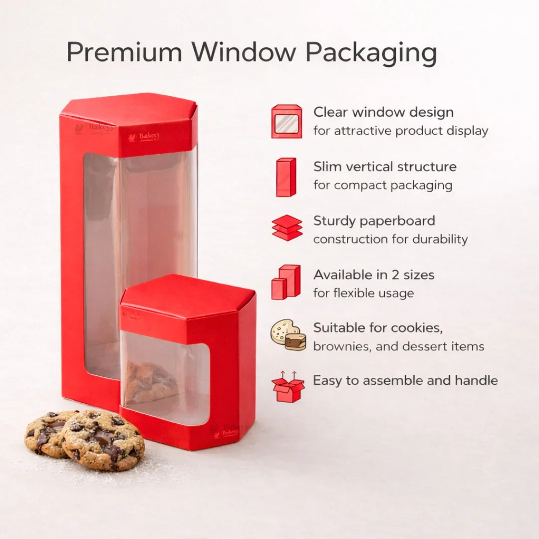 Red Color | Cookie Box with Window | Slim Paperboard Packaging Box | 2 Sizes Available | Pack of 25