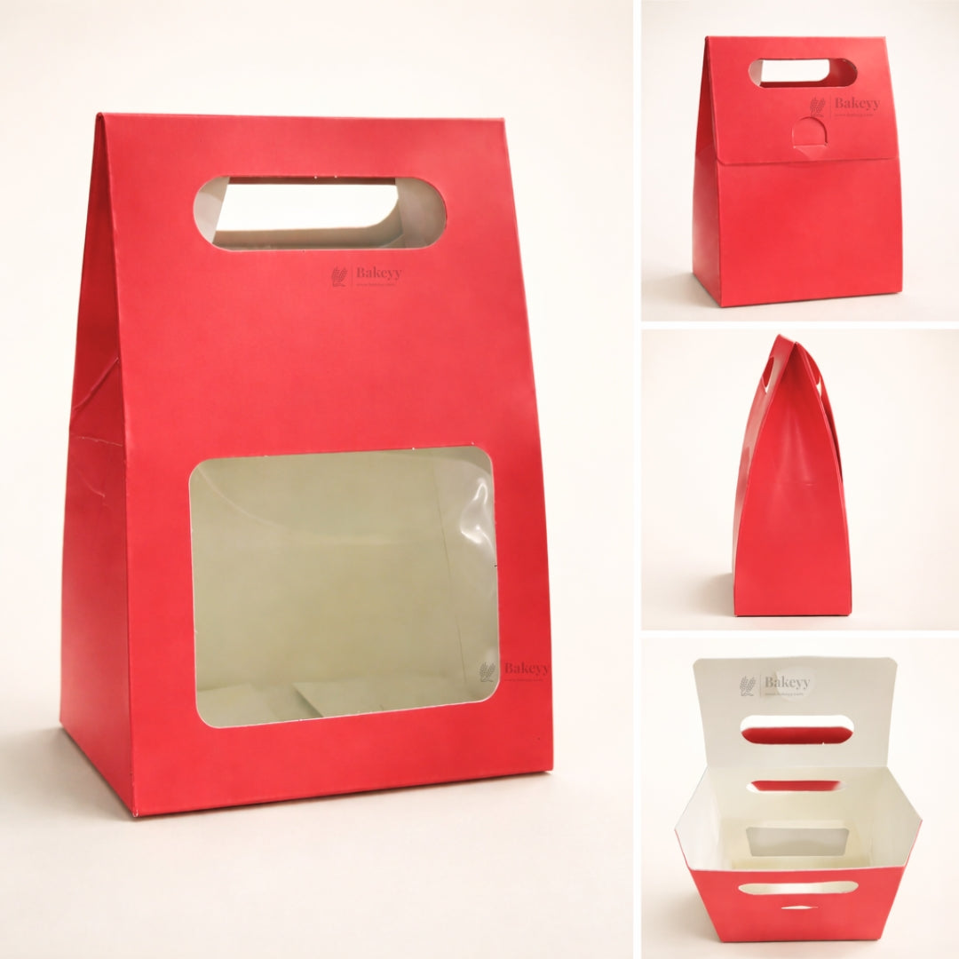 Red Color | Handle Cookie Box with Window | Gable Style Paperboard Packaging Box | Pack of 25