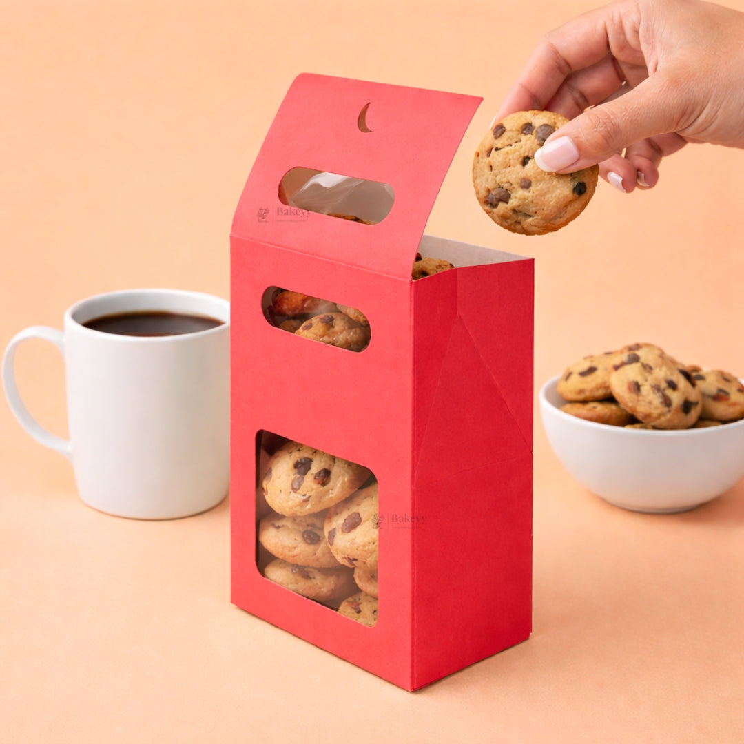 Red Color | Handle Cookie Box with Window | Gable Style Paperboard Packaging Box | Pack of 25