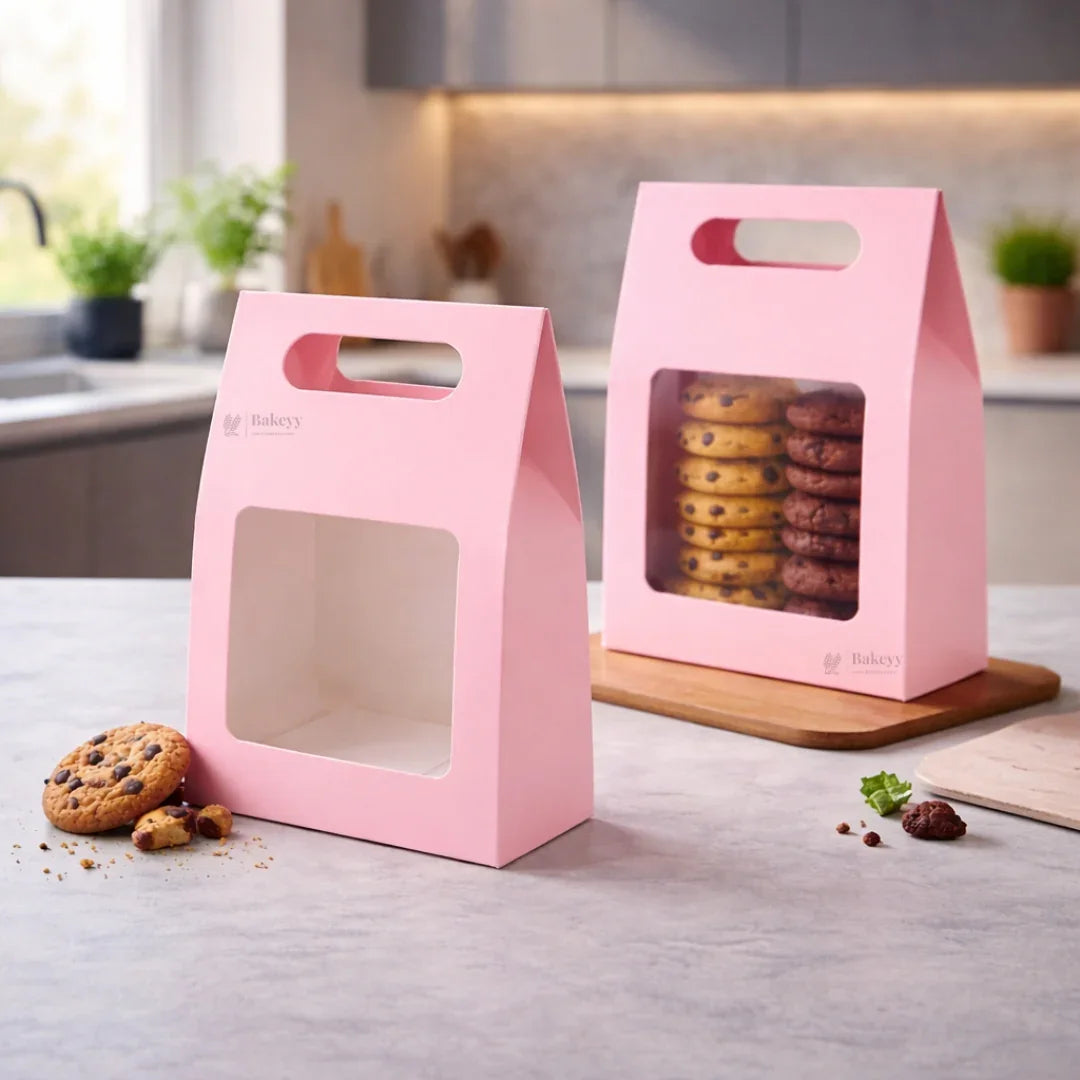 Pink Color | Handle Cookie Box with Window | Gable Style Paperboard Packaging Box | Pack of 25