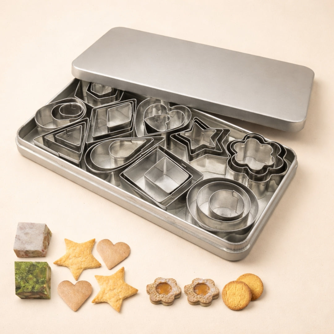 Cookie Cutter Set with Tin Storage Box | Multiple Shape with 3 Sizes Each Shape | Premium Metal Finish | Pack of 1