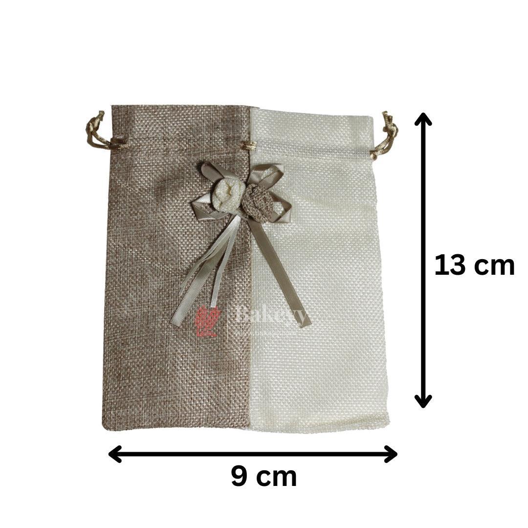 Natural & Cream Dual Colour Jute Potli Bag with Floral Accent | Traditional Potli Bag | Pack of 10