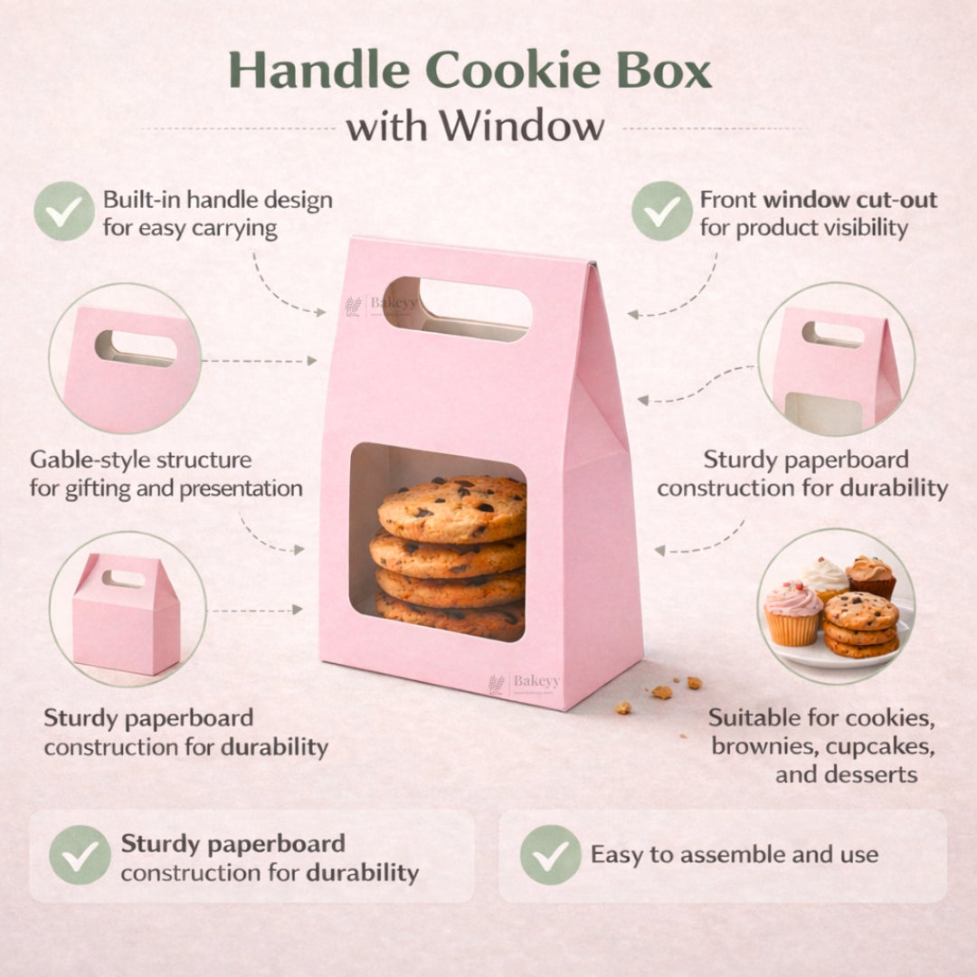 Pink Color | Handle Cookie Box with Window | Gable Style Paperboard Packaging Box | Pack of 25