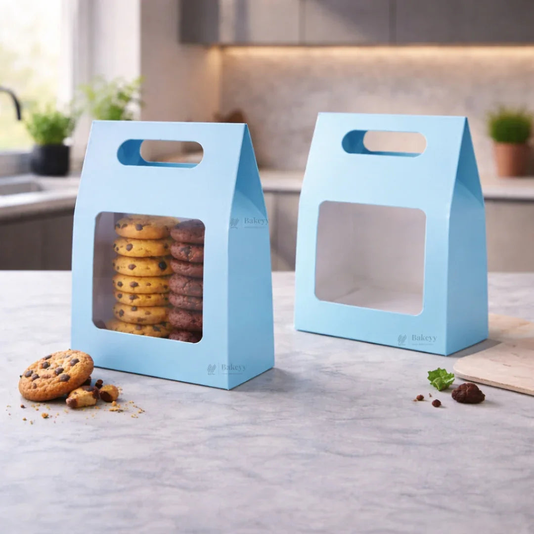 Blue Color | Handle Cookie Box with Window | Gable Style Paperboard Packaging Box | Pack of 25