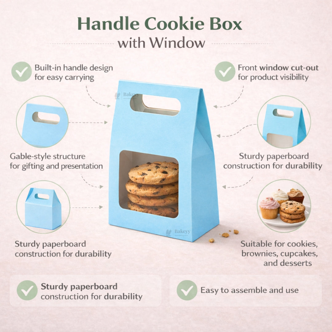 Blue Color | Handle Cookie Box with Window | Gable Style Paperboard Packaging Box | Pack of 25