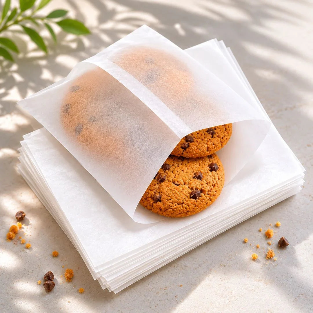 Cookies with chocolate chips inside a transparent plastic bag on a light surface.