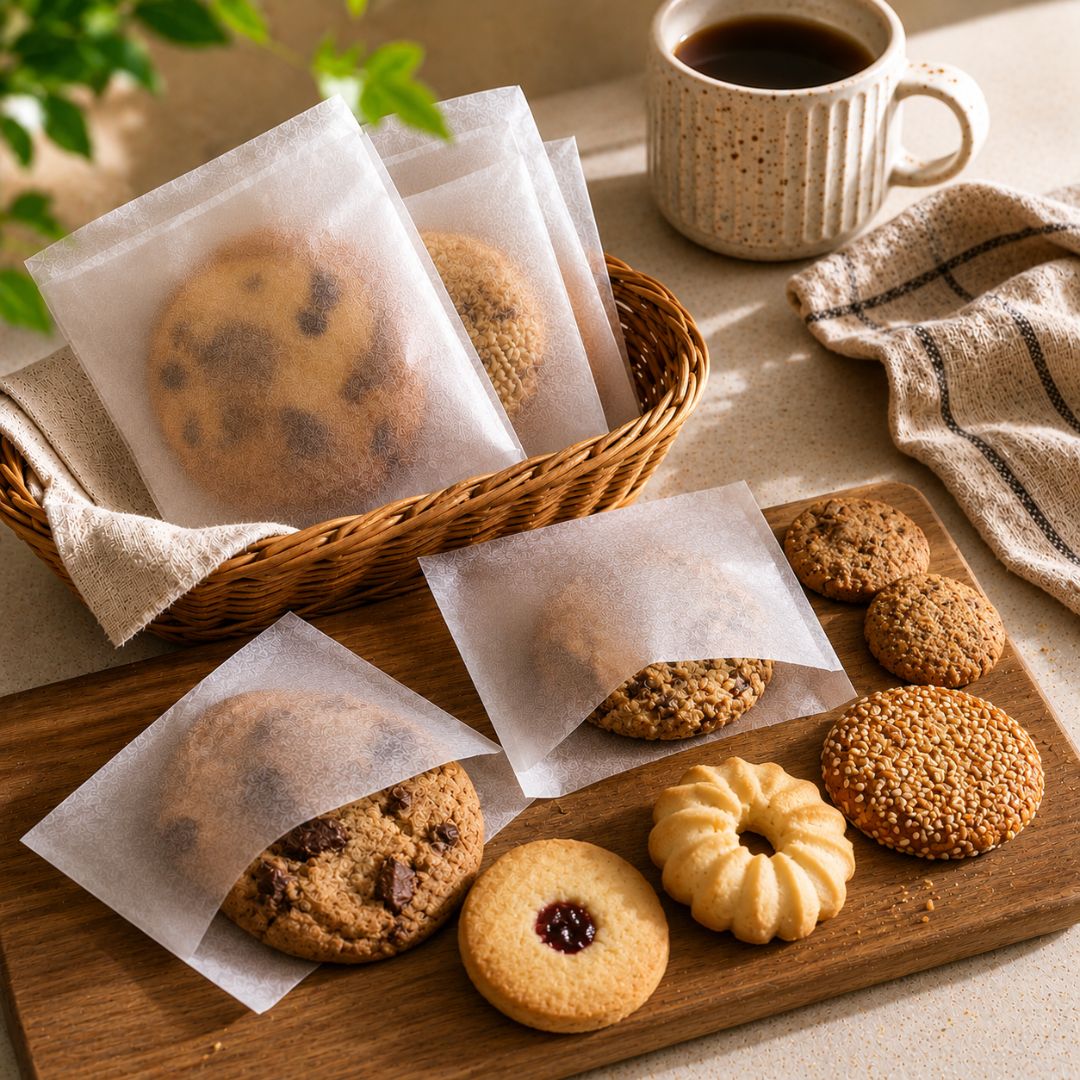Assorted cookies on a wooden board with a basket and cup of coffee.