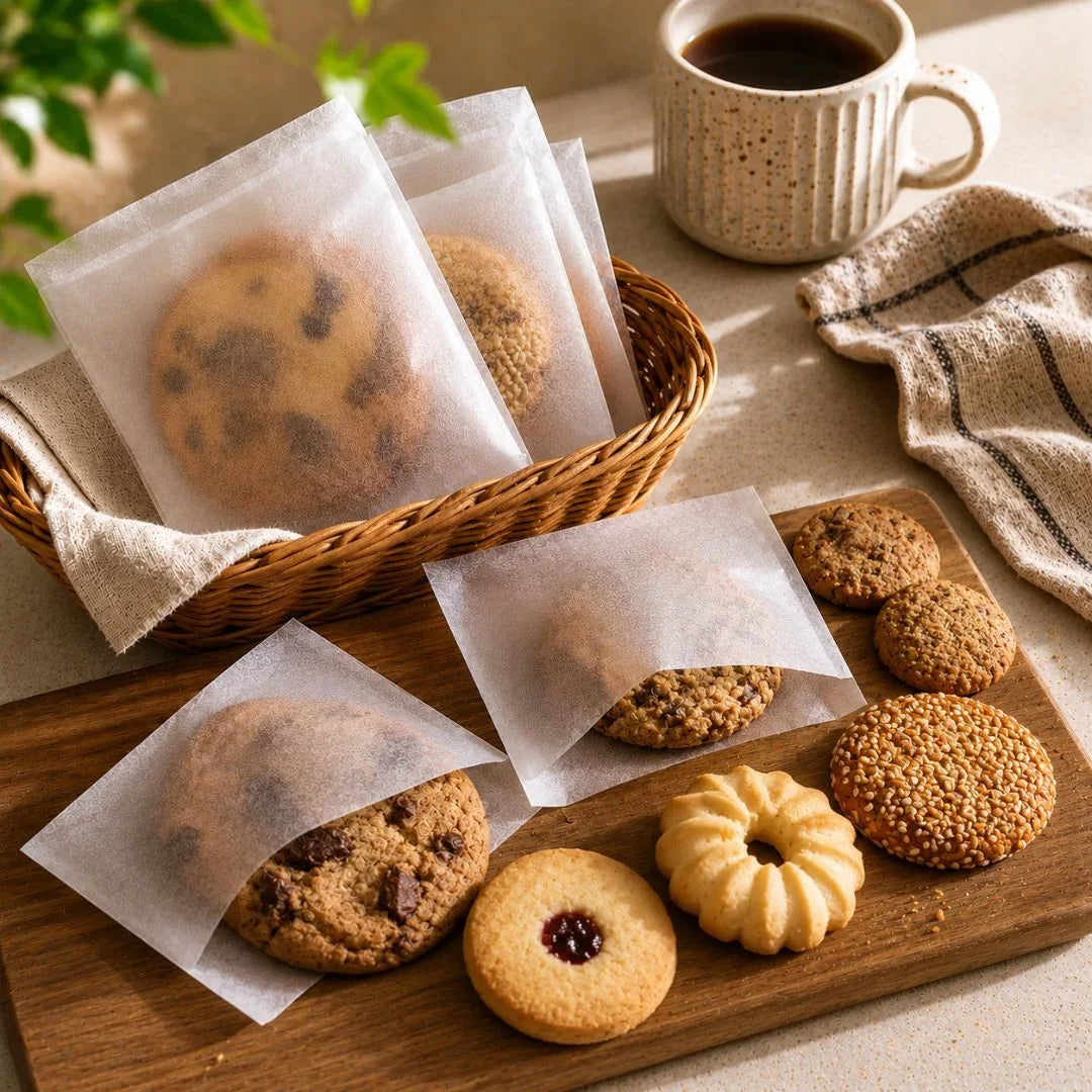 Assorted cookies on a wooden board with a basket and cup of coffee.