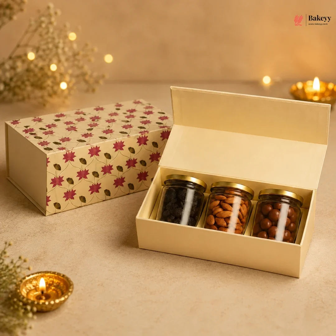 Cream Printed Hamper Box with 3 PET Jars| 1 Piece