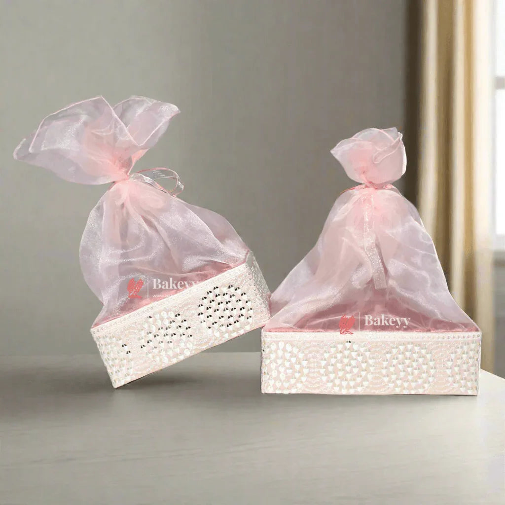 Crystal Mesh Hamper Gift Set | Mint, Ivory, and Pink | Elegant Square Gifting Tray - Bakeyy.com - India - Crystal Mesh Hamper Gift Set | Mint, Ivory, and Pink | Elegant Square Gifting Tray - Pink / Small - 8 Inch