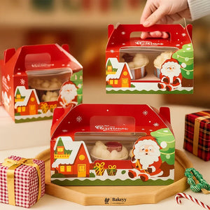 Christmas Print Cupcake Boxes with Handle | Pack of 50 - Bakeyy.com - India - Christmas Print Cupcake Boxes with Handle | Pack of 50 - 4 Cupcake 1600.00