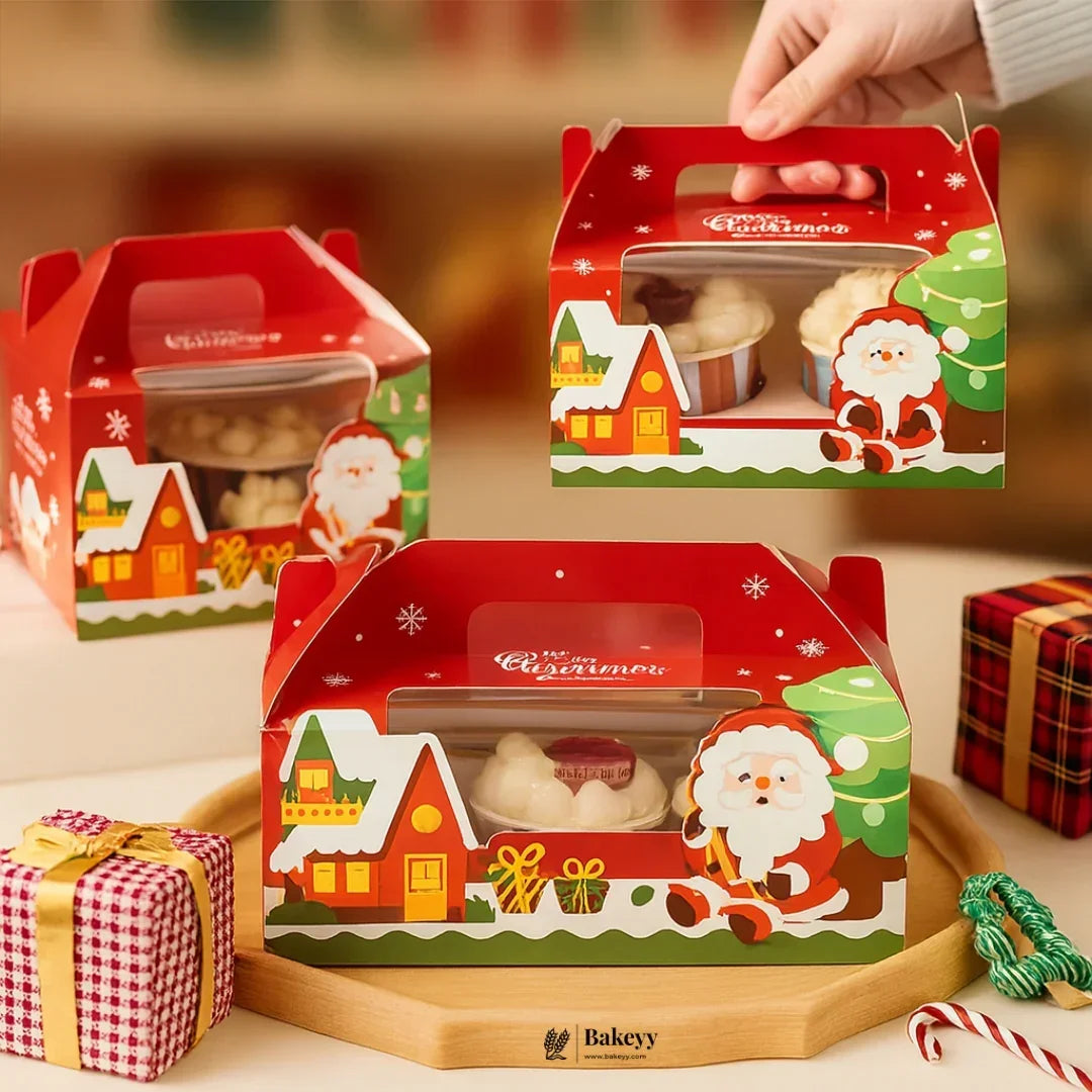 Christmas Print Cupcake Boxes with Handle | Pack of 50 - Bakeyy.com - India - Christmas Print Cupcake Boxes with Handle | Pack of 50 - 4 Cupcake 1600.00